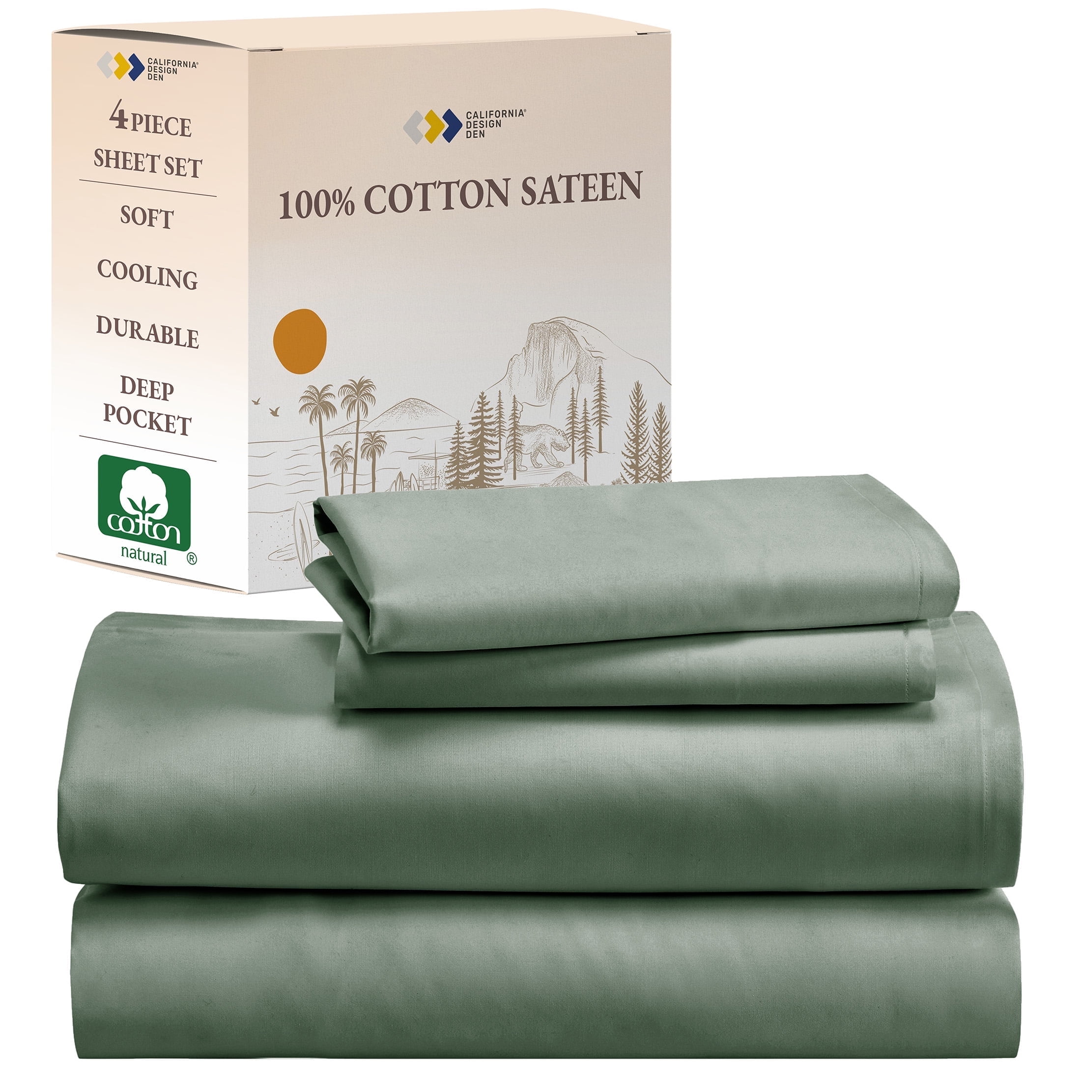 Sage Green Queen Cotton Sateen Deep Pocket Sheet Set