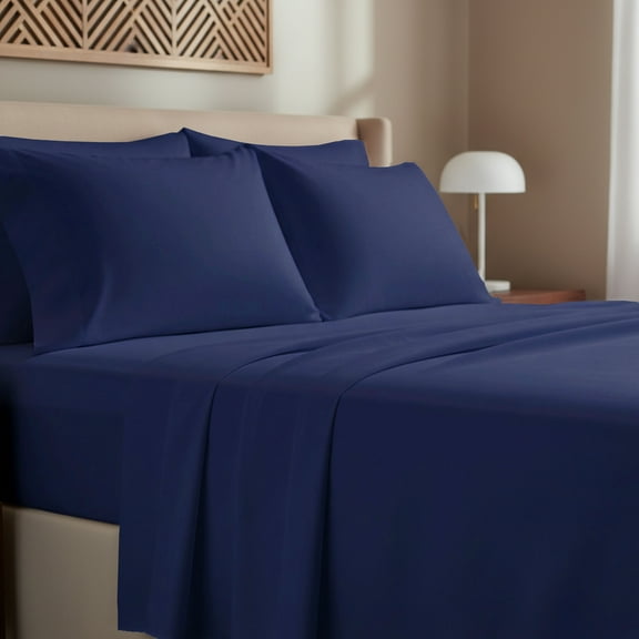 California Design Den 100% Cotton 4-Piece Queen Sheet Set, Navy Blue