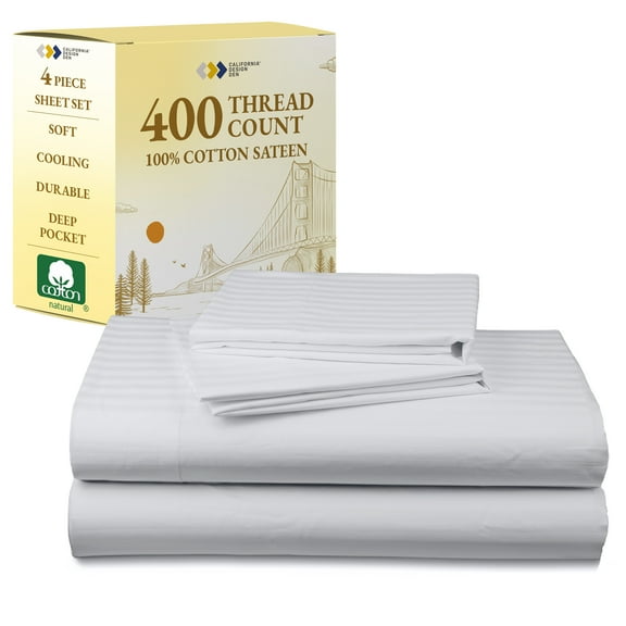 California Design Den Queen Striped Sheets Set - 400 Thread Count 100% Cotton Sheets, Sateen Sheet Set with Deep Pockets, Queen Bed Sheets Cotton, 4 Pc Adult/Teen Bed Sheet Set - White Sheets Queen