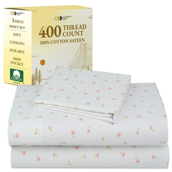 California Design Den Soft Floral Printed Twin XL Sheets Set - 400 Thread Count 100% Cotton Bed Sheets XL Twin, Sateen Sheet Set, Adult/Teen 3 Piece Bed Sheets Cotton Set - Soft Floral Print