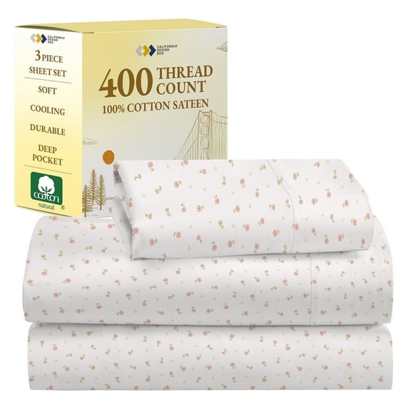 California Design Den Soft Floral Printed Twin XL Sheets Set - 400 Thread Count 100% Cotton Bed Sheets XL Twin, Sateen Sheet Set, Adult/Teen 3 Piece Bed Sheets Cotton Set - Soft Floral Print