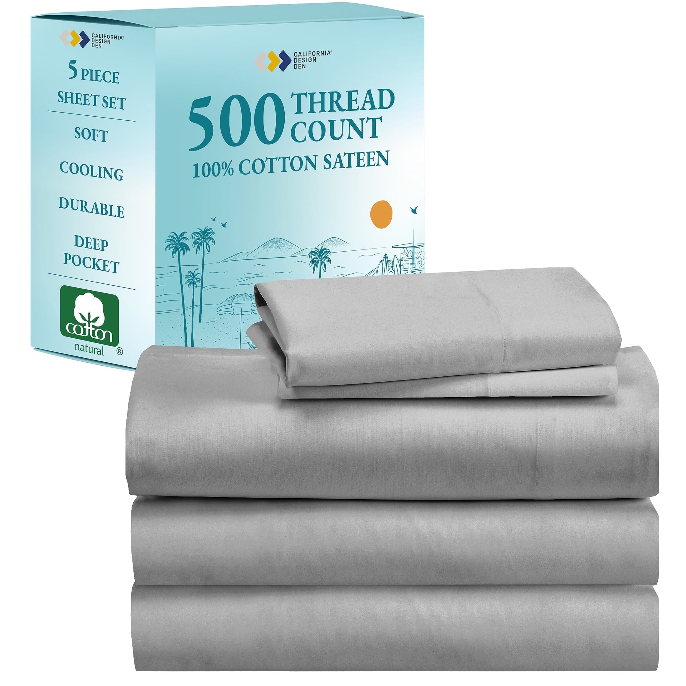 Light Gray Cotton Sateen Split King Sheet Set