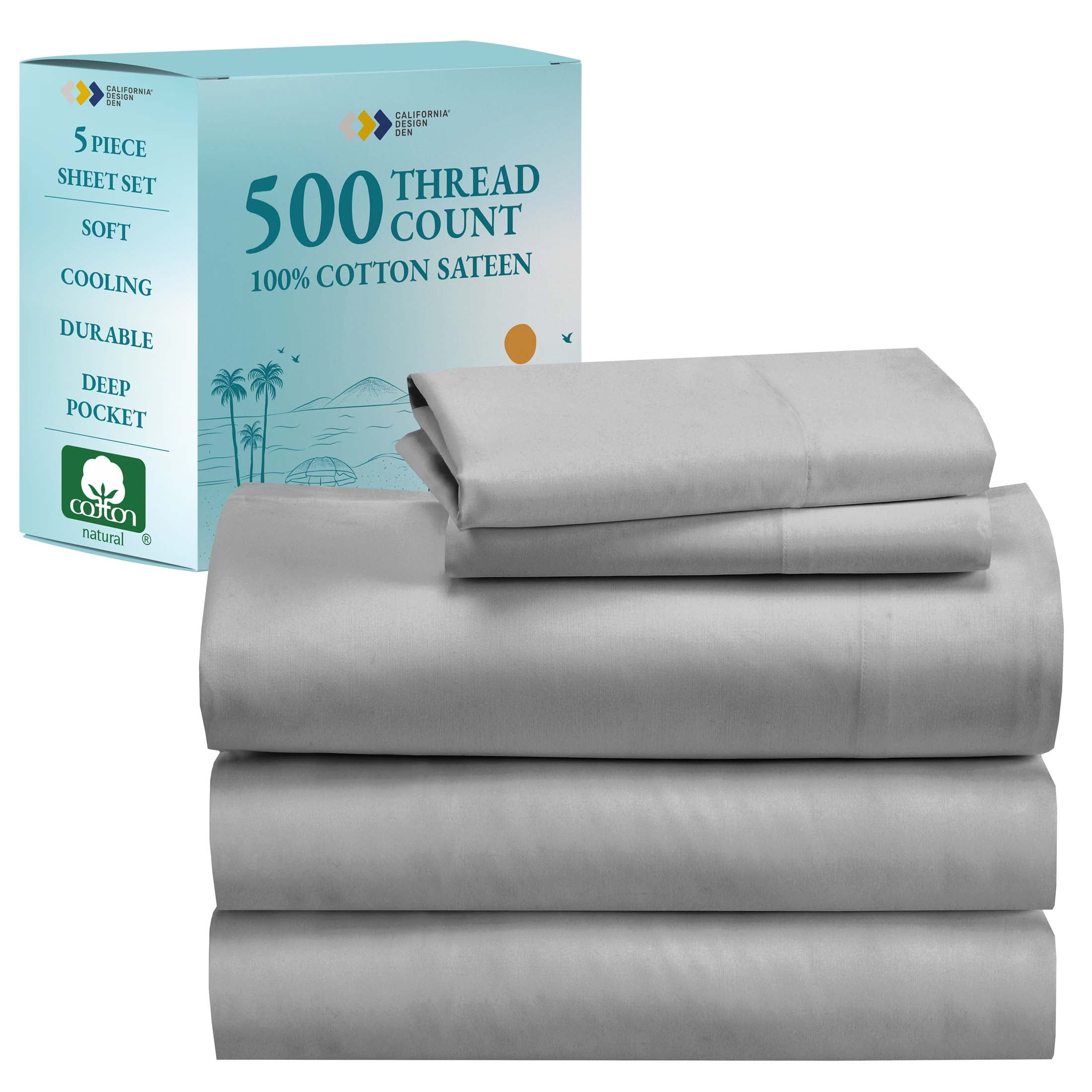 Light Gray Cotton Sateen Split King Sheet Set