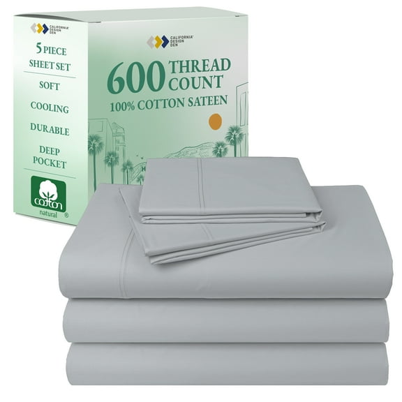 California Design Den Split King Sheet Set - Luxury 600 Thread Count 100% Cotton Bed Sheets, Adult 5 Pc Sateen Bed Set- Light Grey