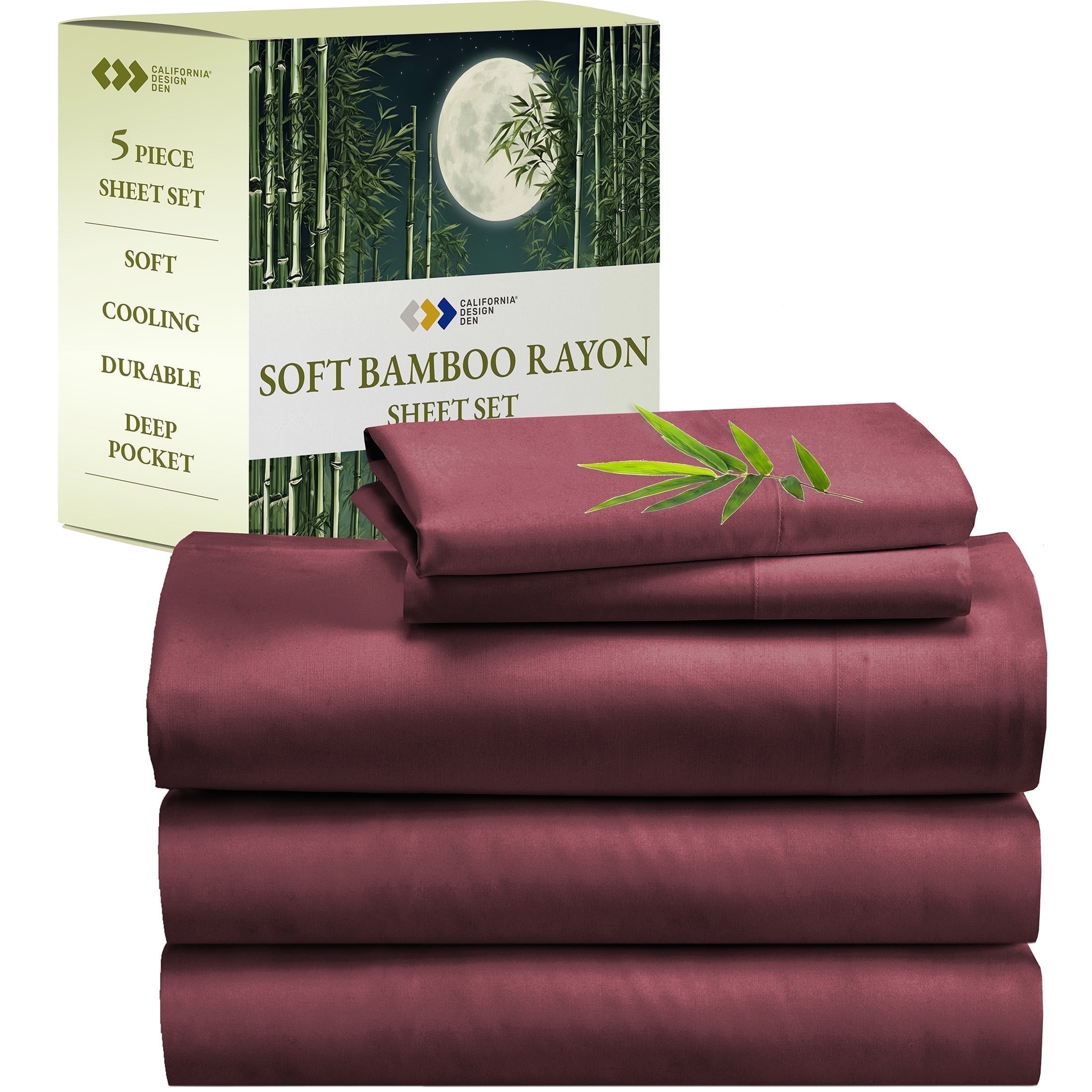 California Design Den Split King Sheets - Soft Rayon from Bamboo Sheets, Deep Pockets, 5 Piece Set with 2 Twin-XL Fitted Sheets, Burgundy