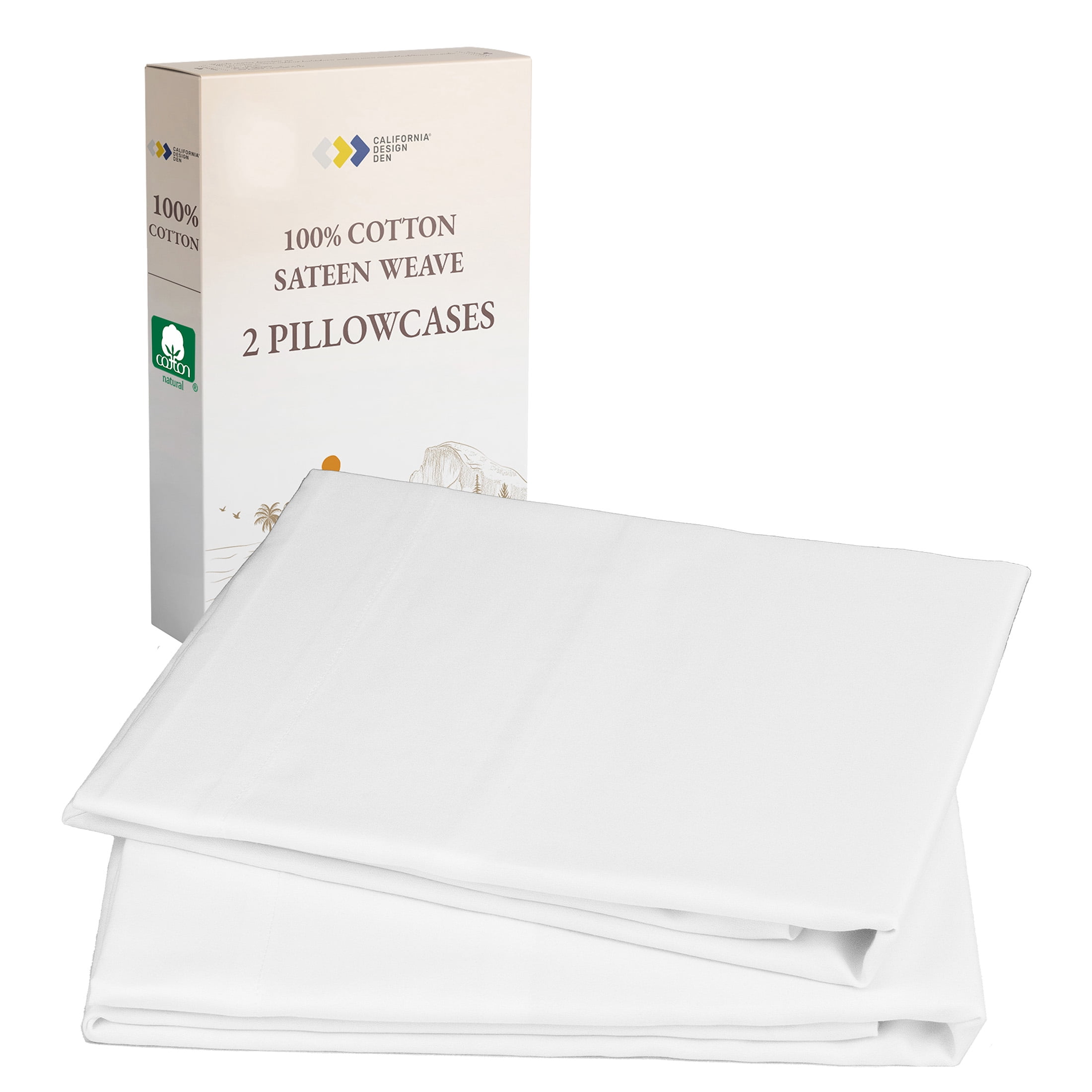 California Design Den Standard Pillow Cases, 100% Cotton Pillow Cases, Set of 2 Soft Sateen Weave Pillowcase Set, Designed for Standard/Queen Pillows, Bright White