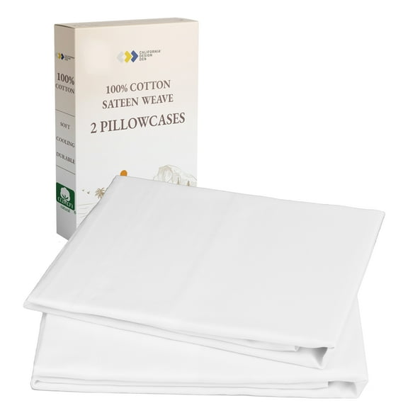 California Design Den Standard Pillow Cases, 100% Cotton Pillow Cases, Set of 2 Soft Sateen Weave Pillowcase Set, Designed for Standard/Queen Pillows, Bright White