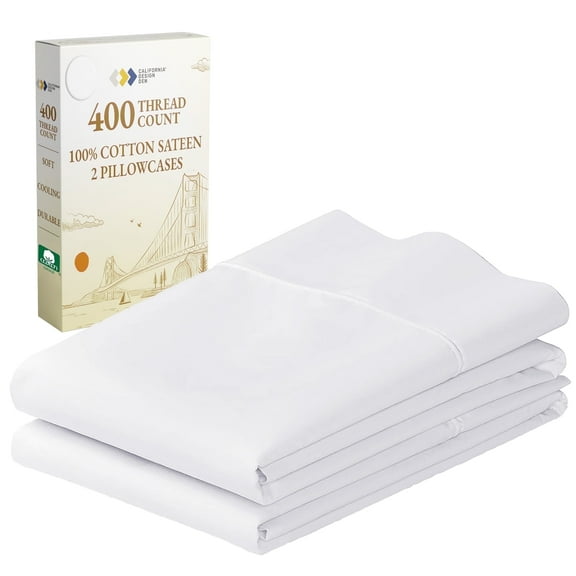 California Design Den Standard Pillow Cases - 400 Thread Count, 100% Cotton Sateen, Set of 2 Pillow Covers, Breathable, Cooling, Soft, Perfect Fit for Queen and Standard Pillows - Bright White