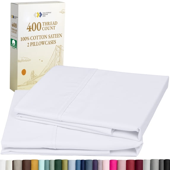 California Design Den Standard Pillow Cases - 400 Thread Count, 100% Cotton Sateen, Set of 2 Pillow Covers, Breathable, Soft, Designed for for Queen and Standard Pillows - Bright White