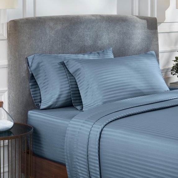 California Design Den Striped 100% Cotton Queen Sheet Set - 400 Thread Count Sateen, Queen Sheets Cotton Set with Deep Pockets, 4 Piece Adult/Teen Bed Sheet Set Cotton - Blue Hydrangea