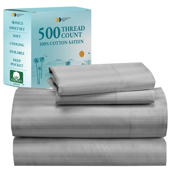 California Design Den Striped Cal King Sheet Set - Soft Cooling 500 Thread Count 100% Cotton Sateen 4-Piece Bed Sheets Set - Light Grey