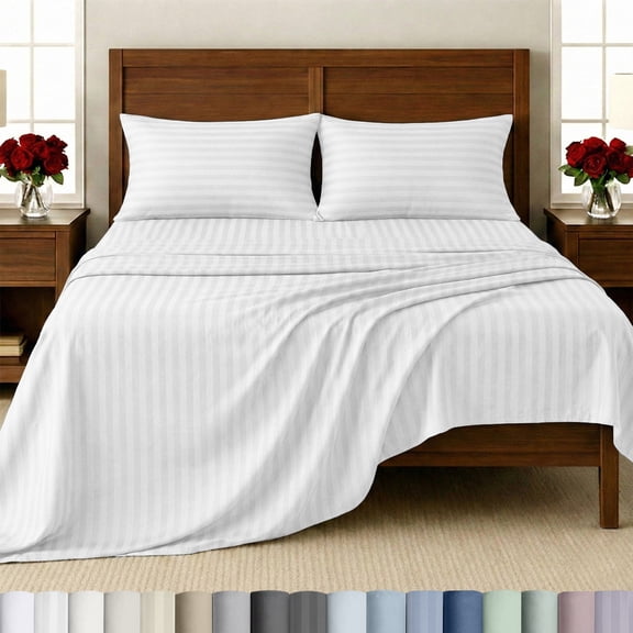 California Design Den Striped King Sheets - Soft 500 Thread Count 100% Cotton Sateen 4-Piece Bed Sheets Set - Striped White