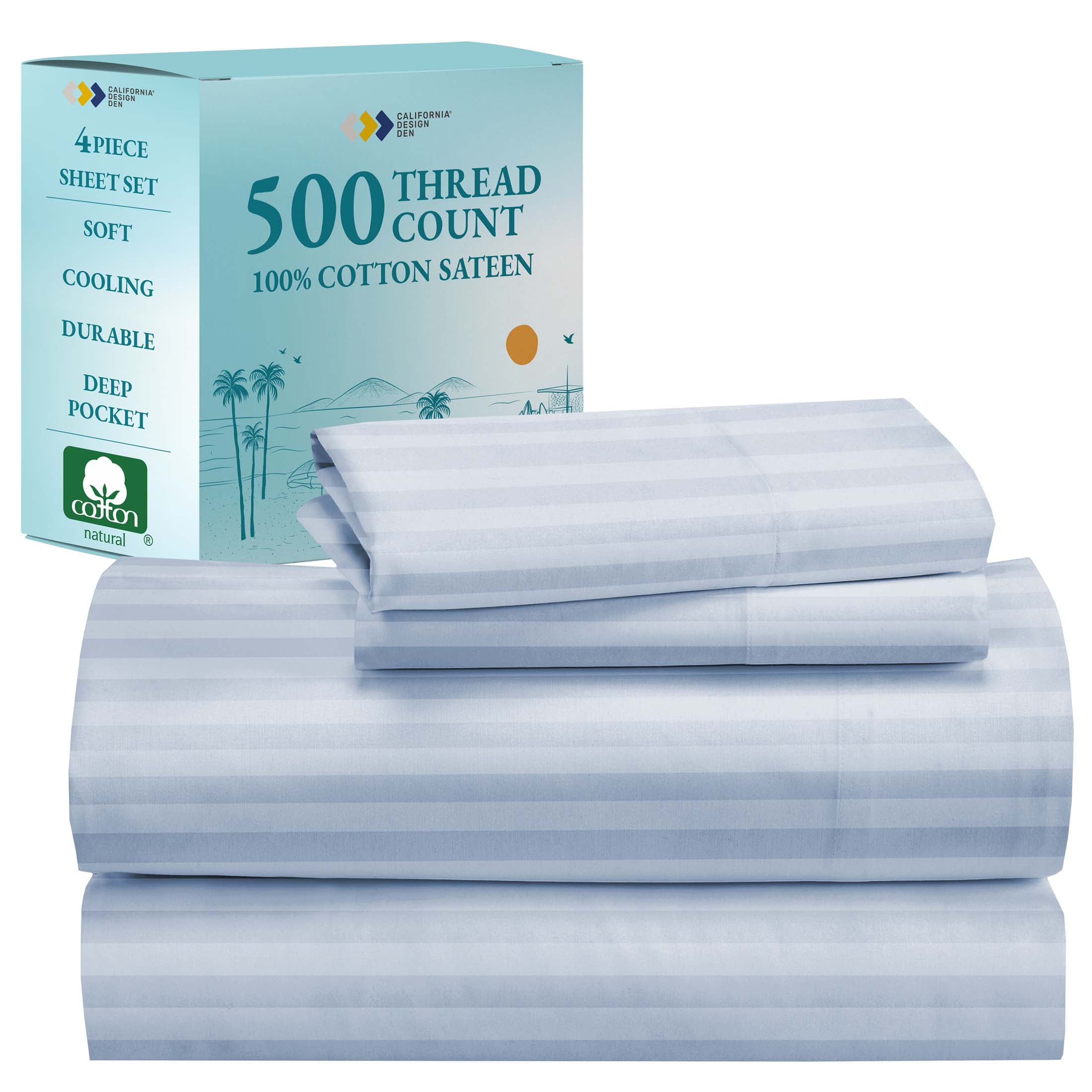 California King Sky Blue Stripe Cotton Sateen Sheet Set
