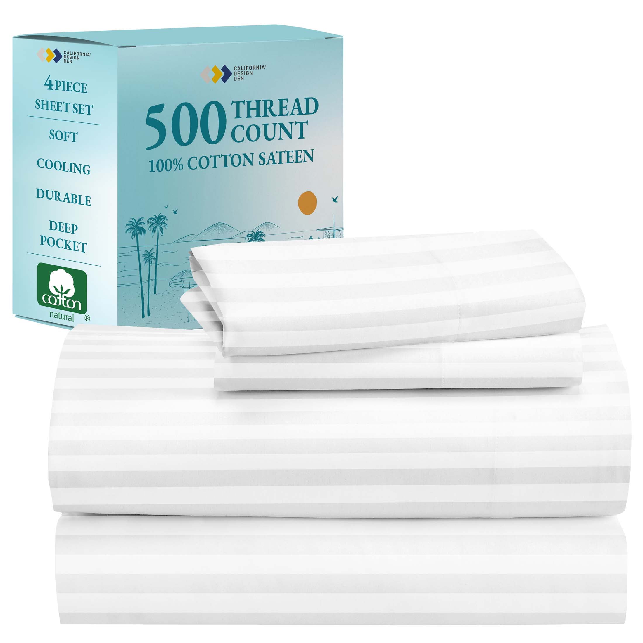 Bright White Striped Cotton Sateen California King Sheet Set