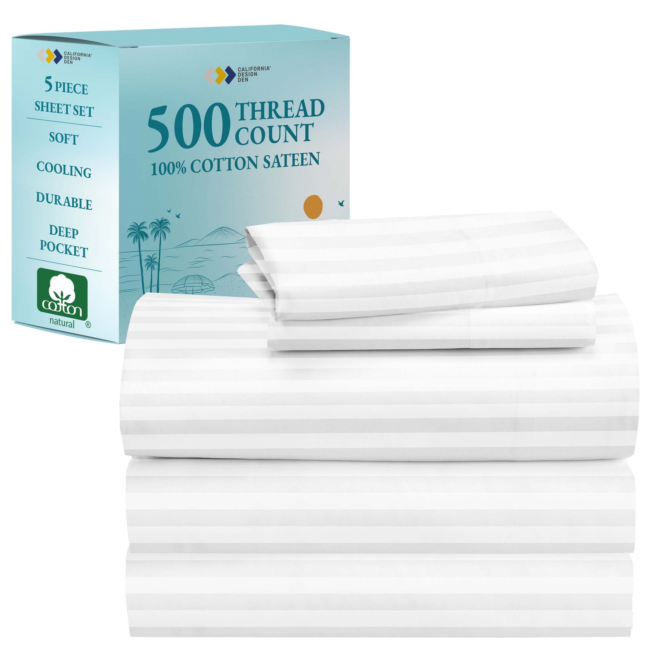 California King Bright White Cotton Damask Stripe Sheet Set