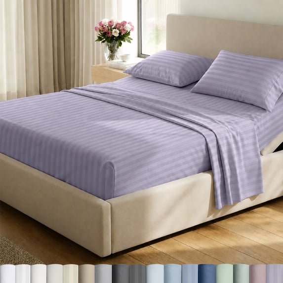 California Design Den Split King Sheets For Adjustable Bed Set - 500 Thread Count 100% Cotton Sateen, Durable Sheets, Deep Pockets - Lavender Striped