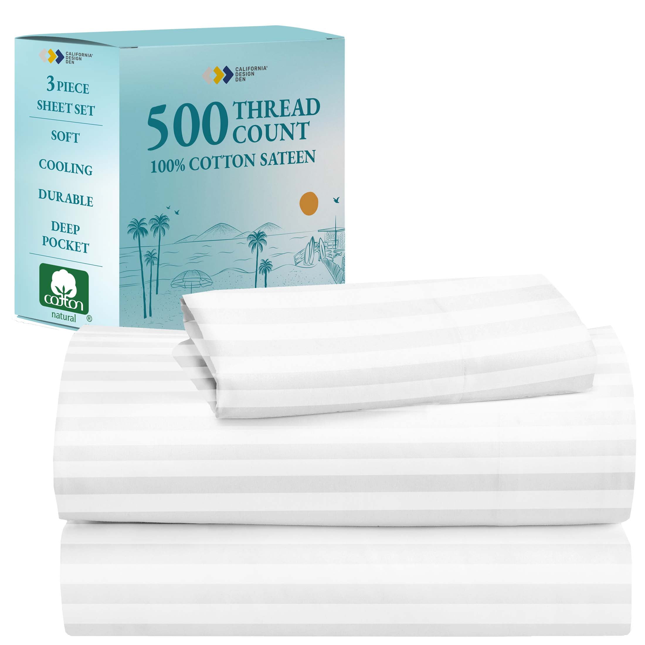 California King Bright White Striped Cotton Damask Sheet Set