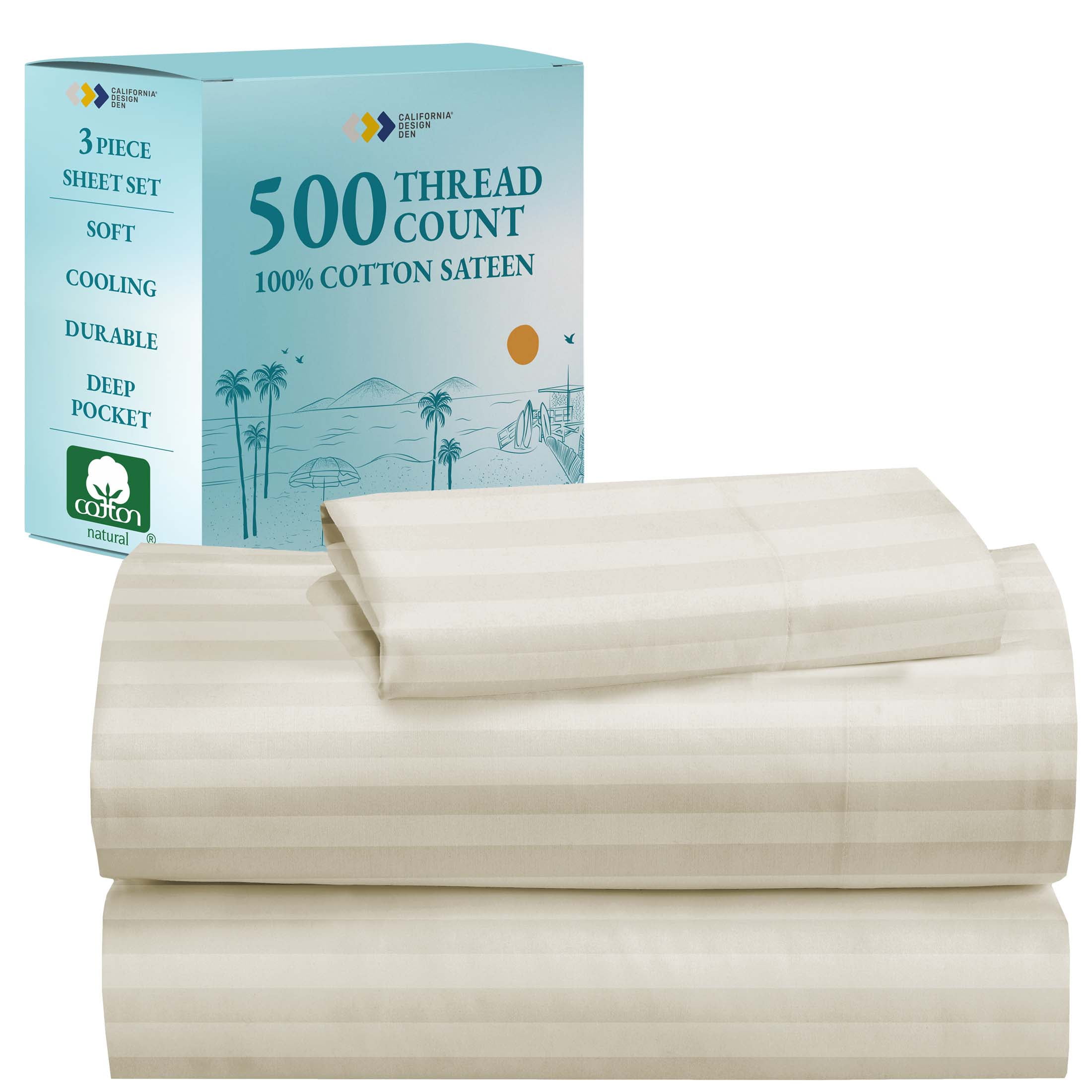 Ivory Striped Twin XL Cotton Sateen Deep Pocket Sheet Set