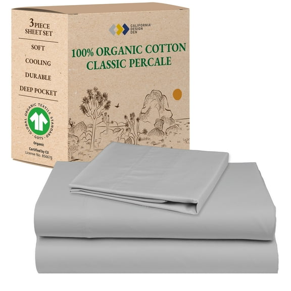 California Design Den Twin Sheet Set, 100% Organic Cotton Sheets - Percale Sheets - Soft, Crisp Sheets, Deep Pockets, Adult/Teen 3 Piece Bed Sheet Set, Light Grey
