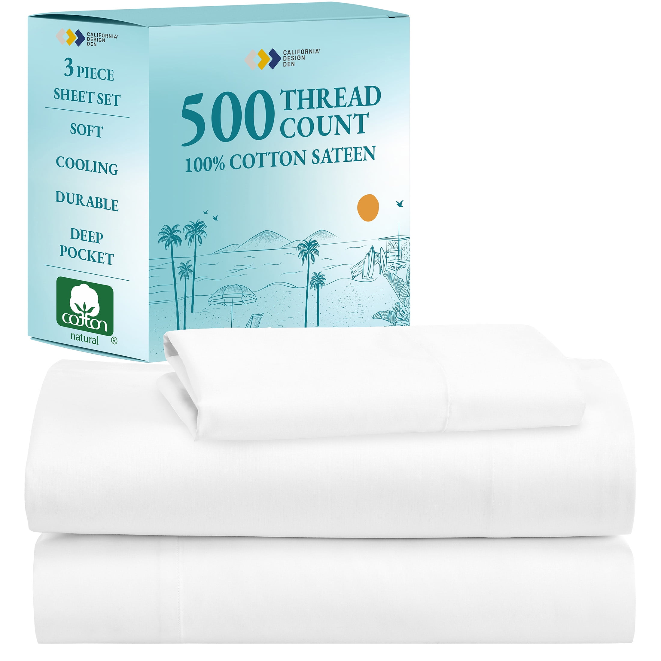 Bright White Twin Cotton Sateen 500 Thread Count Sheet Set