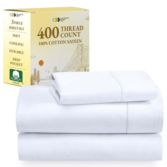 California Design Den Twin Sheets Set - 400 Thread Count Sheets, 100% Cotton Bed Sheets, Sateen, Cooling Sheet Set Twin, Breathable 3 Piece Adult/Teen White Sheet Set - White
