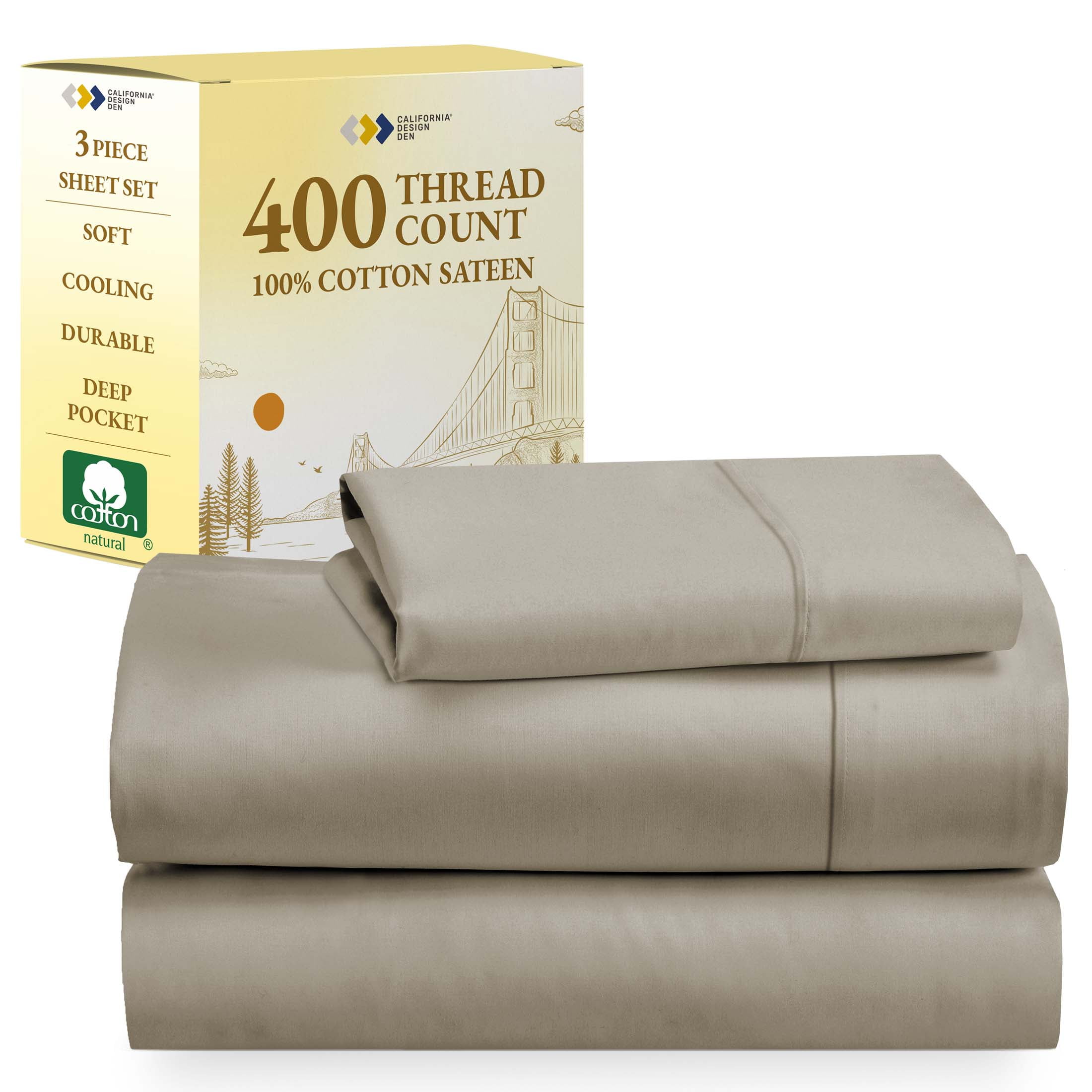 Twin XL Taupe Cotton Sateen 3-Piece Sheet Set