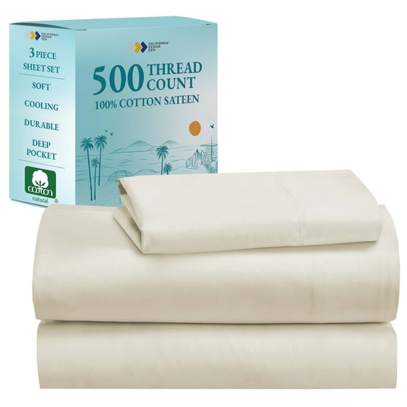 California Design Den Twin Xl Sheet Set - Luxury 500 Thread Count 100% Cotton Sateen, 3 Piece Adult/Teen Sheet Set, Cooling Bed Sheets with Deep Pocket Fitted Sheet - Ivory (Creamy Beige Tone)