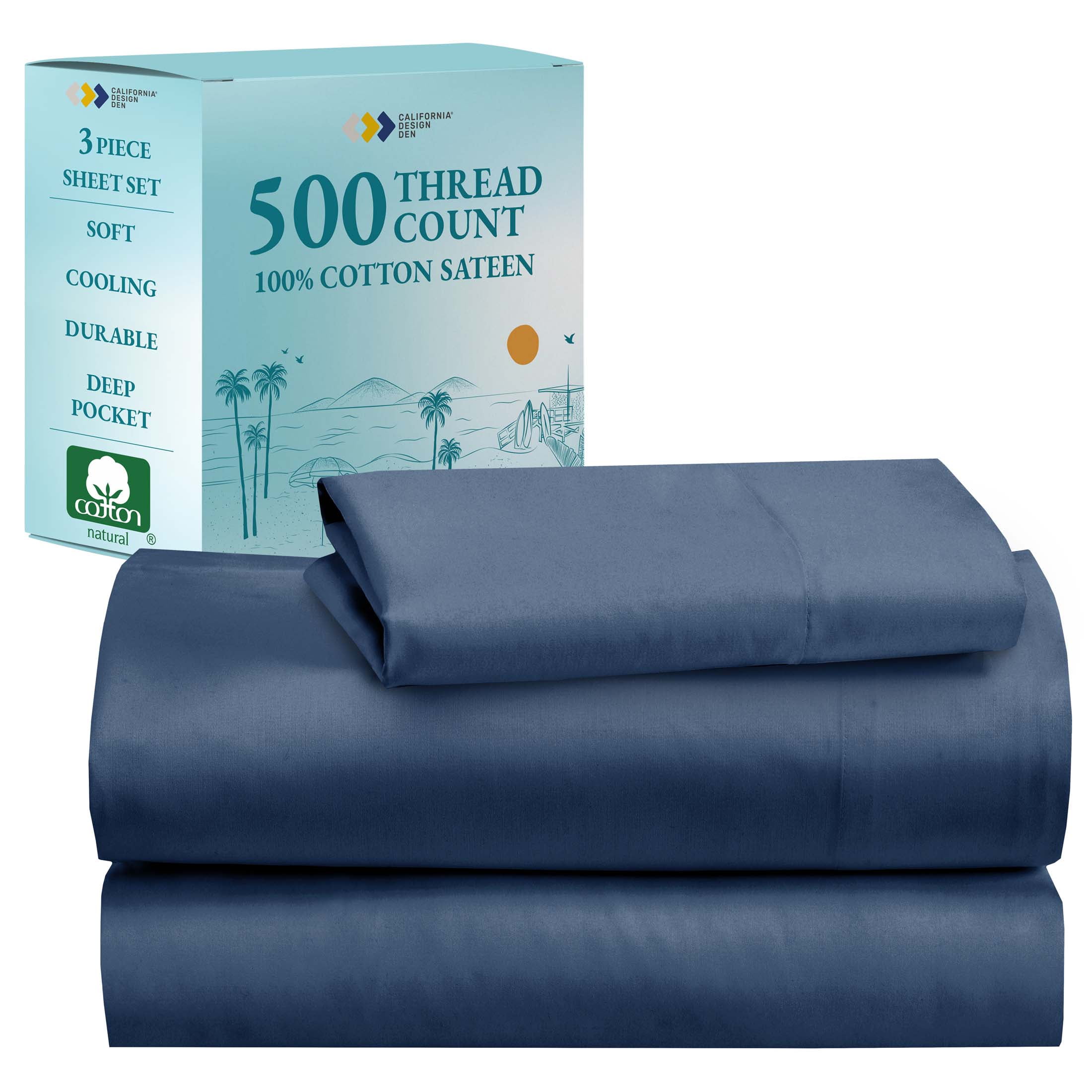 California King Navy Blue Cotton Sateen Sheet Set