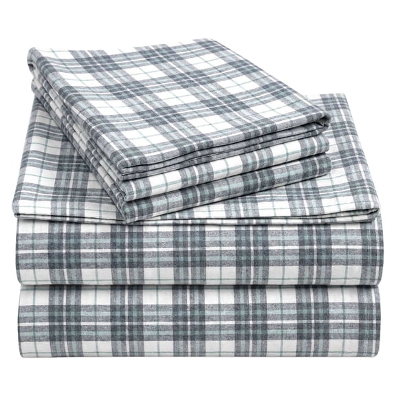 California Design Den Yarn Dyed Flannel Bed Sheets King Size Set - Triple-Brushed 100% Cotton, Deep Pockets, Made in Portugal - Blue Plaid