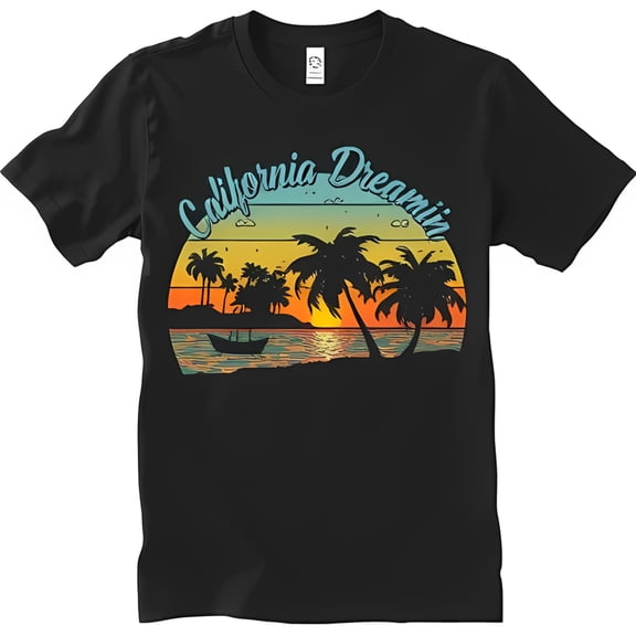 California Dreamin' Black T-Shirt with Retro Beach Sunset Graphic