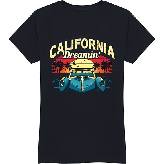 California Dreamin' Retro Graphic T-Shirt Classic Car Sunset Design on Black