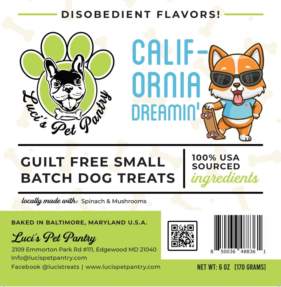 California Dreamin' "Spinach & Mushroom Biscuits" Homemade Dog & Puppy Treats! Gift Box with 4 - 6 oz. Treat Bags