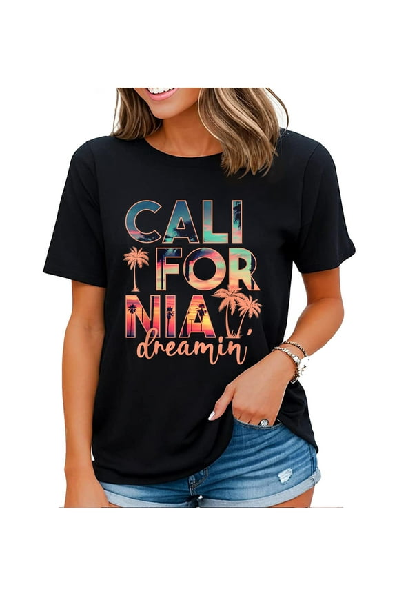 California Dreaming Beach Palm Tree Shirt Women Summer Vacation Costume T-Shirt Black Medium