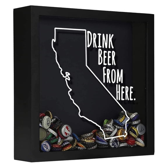 Torched California Beer Cap Shadow Box Hanging Decor 13"x 13" x 3" Black