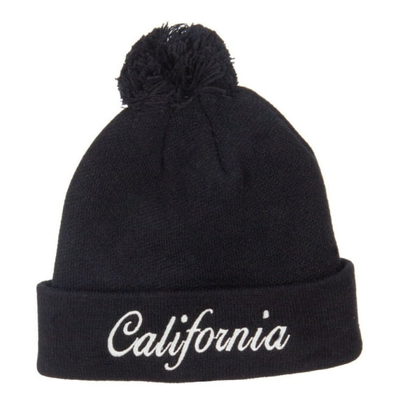 California Embroidered Pom Cuff Beanie - Black OSFM