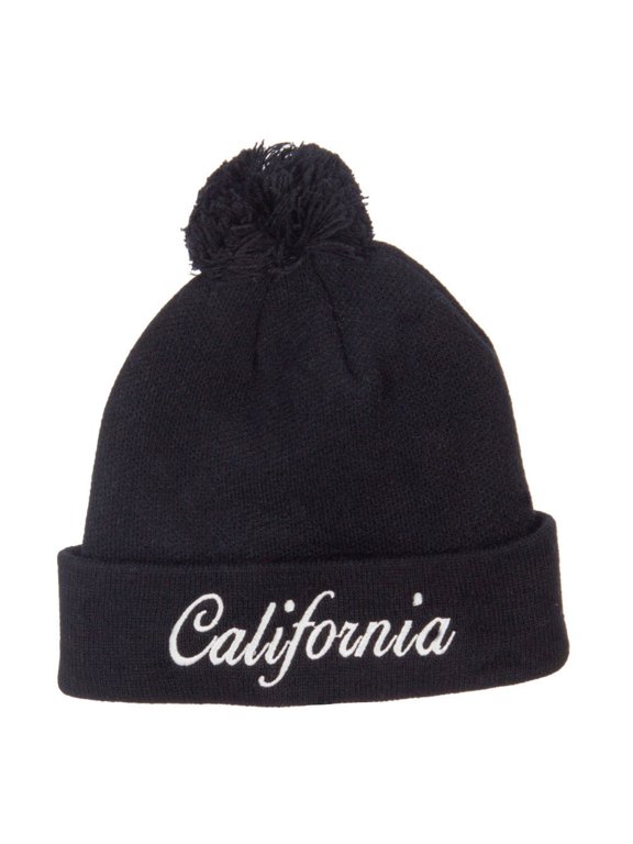 California Embroidered Pom Cuff Beanie - Black OSFM