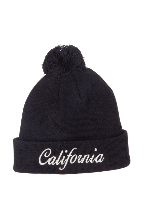 California Embroidered Pom Cuff Beanie - Black OSFM