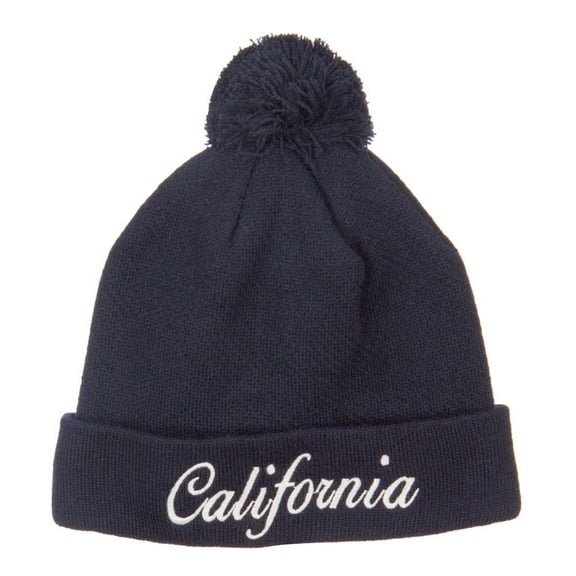 California Embroidered Pom Cuff Beanie - Navy OSFM