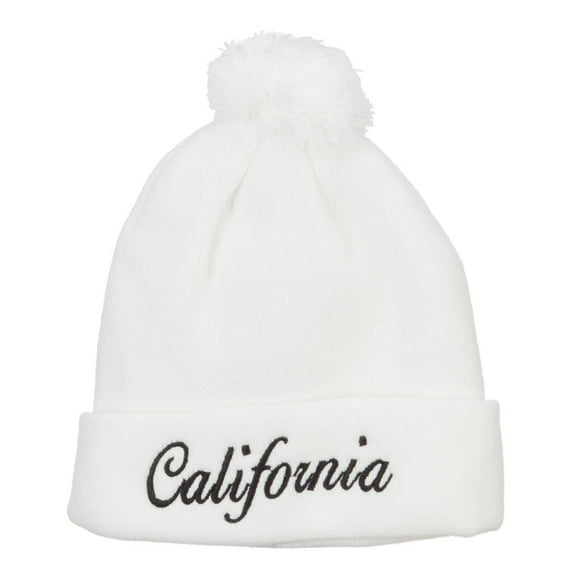 California Embroidered Pom Cuff Beanie - White OSFM