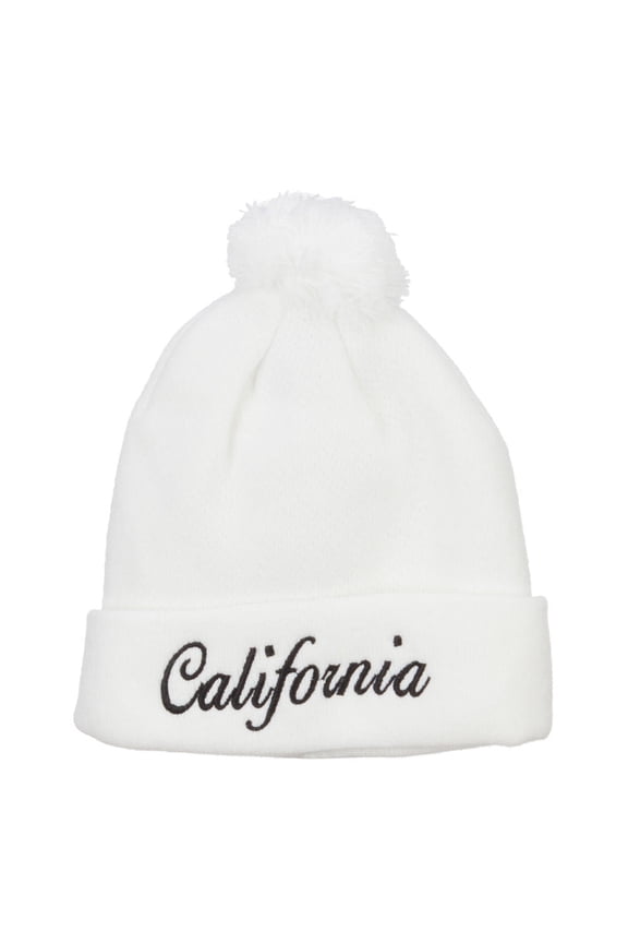 California Embroidered Pom Cuff Beanie - White OSFM