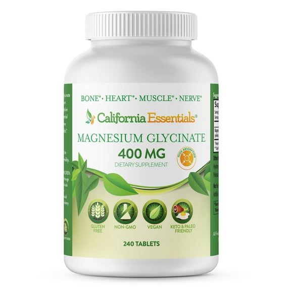 California Essentials Magnesium Glycinate 400 mg - Supports Muscle Relaxation, Bone Health & Stress Relief - Vegan Dietary Supplement (240 Tablets)