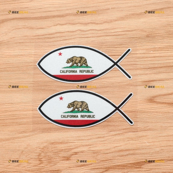 California Flag Cali Jesus Fish Sticker Decal Vinyl - 2 Pack Reflective 4" - For Car Boat Laptop Cup