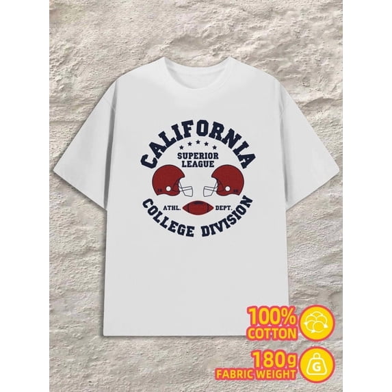 Greenink California Football Tee for men 180G Cotton white Retro Unisex Shirt Short Sleeve tshirts Classic Unisex Shirt Printed tshirts Classic Unisex Shirt Short Sleev