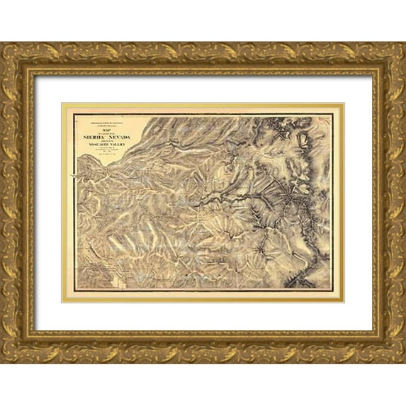 California Geological Survey 32x23 Gold Ornate Wood Framed with Double Matting Museum Art Print Titled - Sierra Nevada adjacent to the Yosemite Valley, 1869