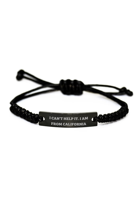 California Gifts from Friends - I Can't Help It. I Am From California Rope Bracelet, Adjustable Black Stainless Steel with Interlaced Rope, Graduation Unique Gifts