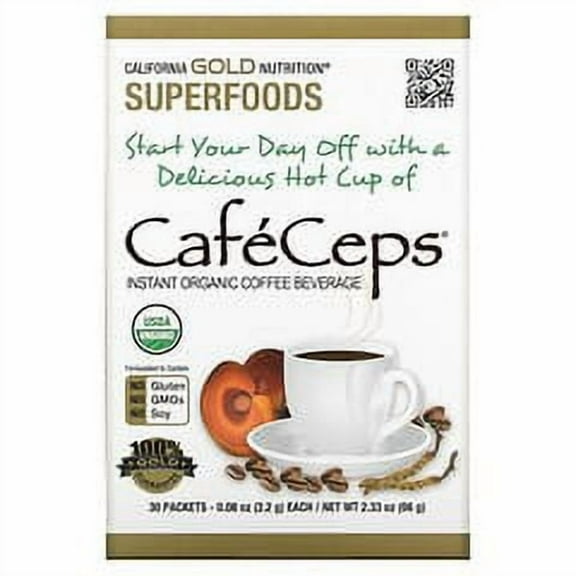 California Gold Nutrition, CafeCeps, Certified Organic Instant Coffee with Cordyceps and Reishi Mushroom Powder, 30 Packets, 0.08 oz (2.2 g) Each Pack of 4