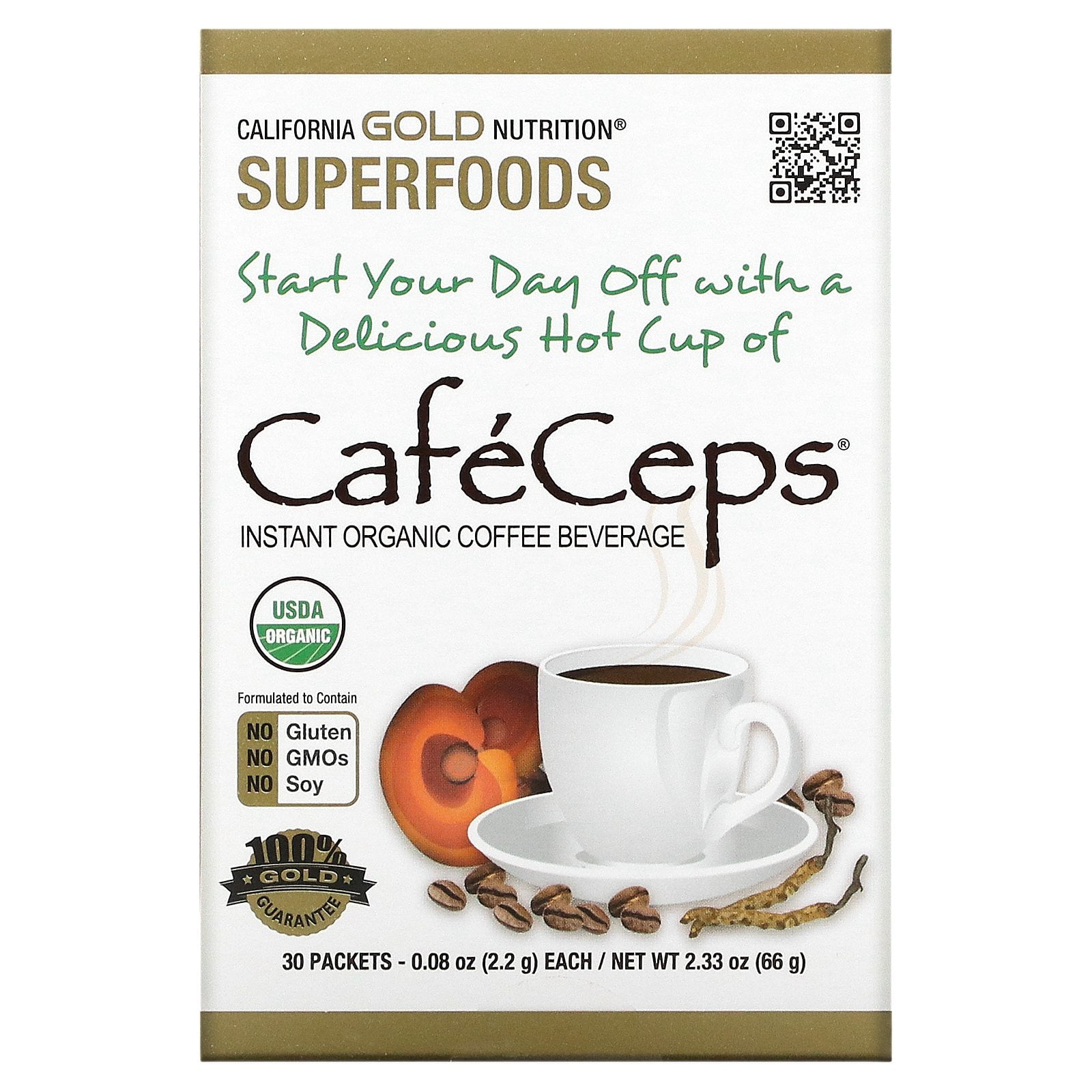 CafeCeps, Certified Organic Instant Coffee with Cordyceps and Reishi Mushroom Powder, 30 Packets, 0.08 oz (2.2 g) Each, California Gold Nutrition