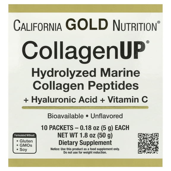 California Gold Nutrition CollagenUP®, Hydrolyzed Marine Collagen Peptides with Hyaluronic Acid and Vitamin C, Unflavored, 10 Packets, 0.18 oz (5 g) Each