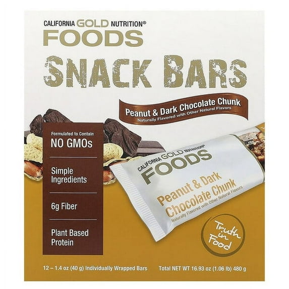 California Gold Nutrition, Foods, Peanut & Dark Chocolate Chunk Bars, 12 Bars, 1.4 oz (40 g) Each Pack of 4