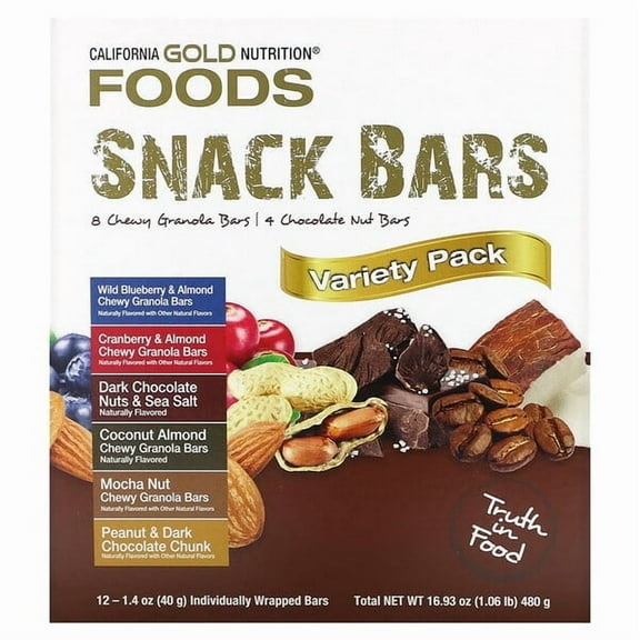 California Gold Nutrition, Foods, Variety Pack Snack Bars, 12 Bars, 1.4 oz (40 g) Each Pack of 2